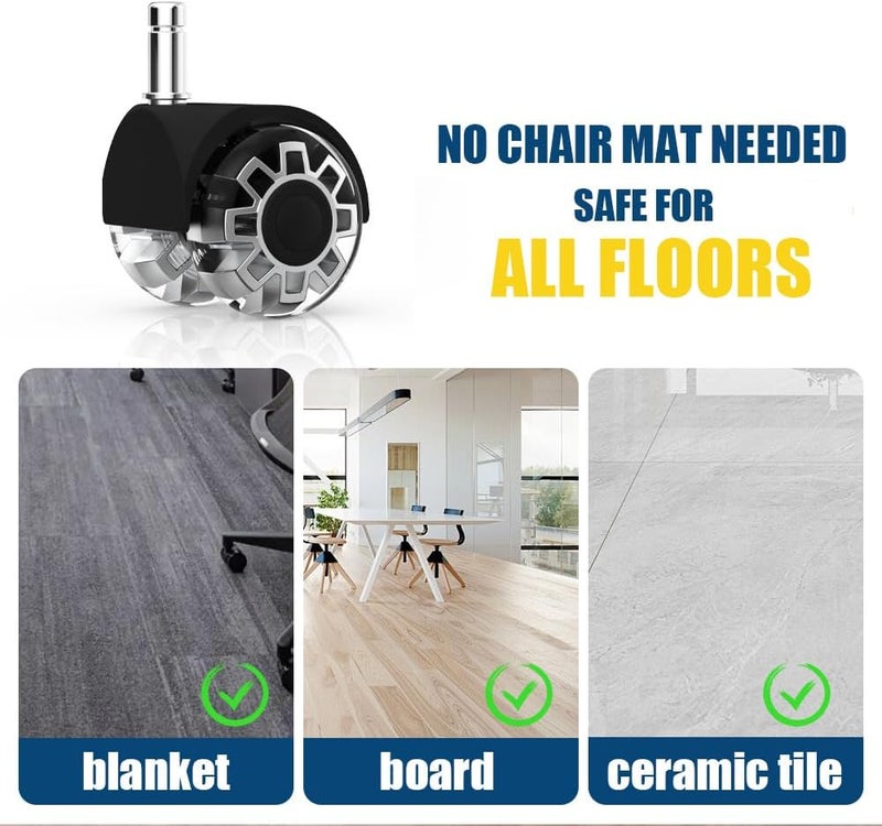 Minewill Office Chair Wheels Replacement-Heavy Duty Rubber Wheels for Office Chair(2200Lbs)-2''Universal Size Office Chair Casters,Smooth & Safe Rolling for All Floors Including Hardwood and Carpet(Set of 5) - Image 4